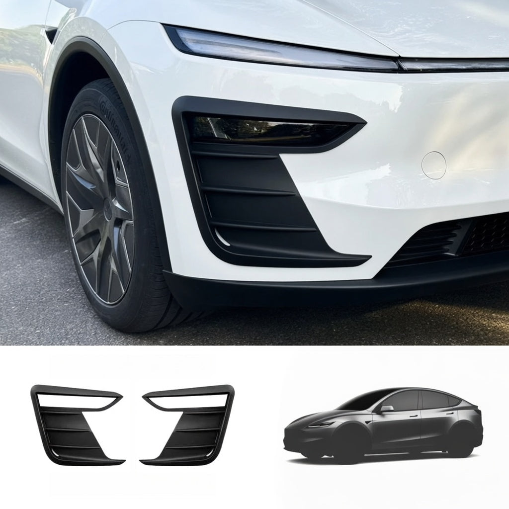 TESEVO ABS fog light trim covers for 2026 Tesla Model YL installed on white bumper with kit overview