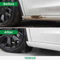 Before and after rocker panel protection with TESEVO mud flaps on Tesla Model YL