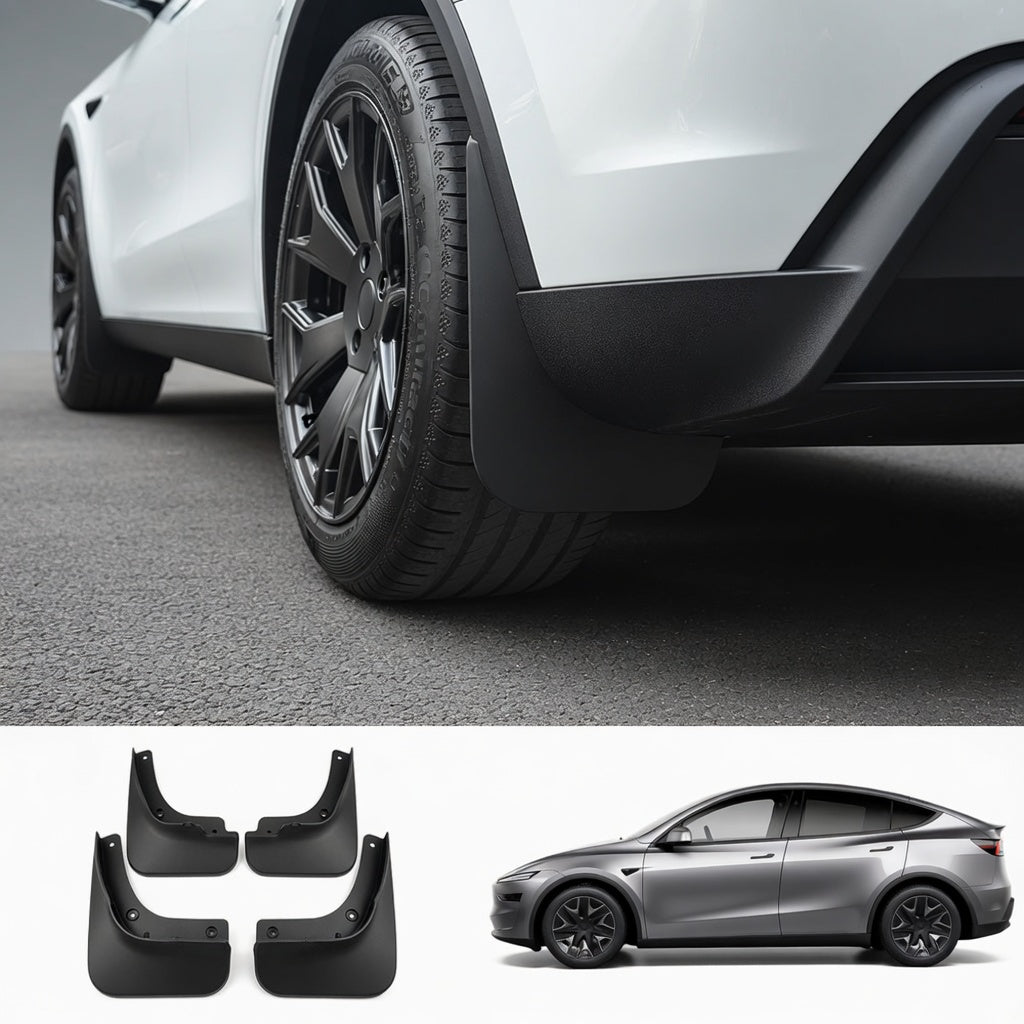 TESEVO no-drill mud flaps for 2026 Tesla Model YL installed on rear fender with 4-piece kit overview