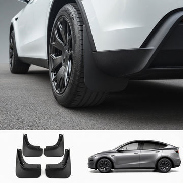 TESEVO no-drill mud flaps for 2026 Tesla Model YL installed on rear fender with 4-piece kit overview