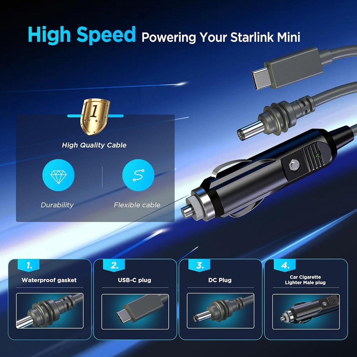 TESEVO Starlink Mini 3-in-1 car USB-C DC power cable close-up detail