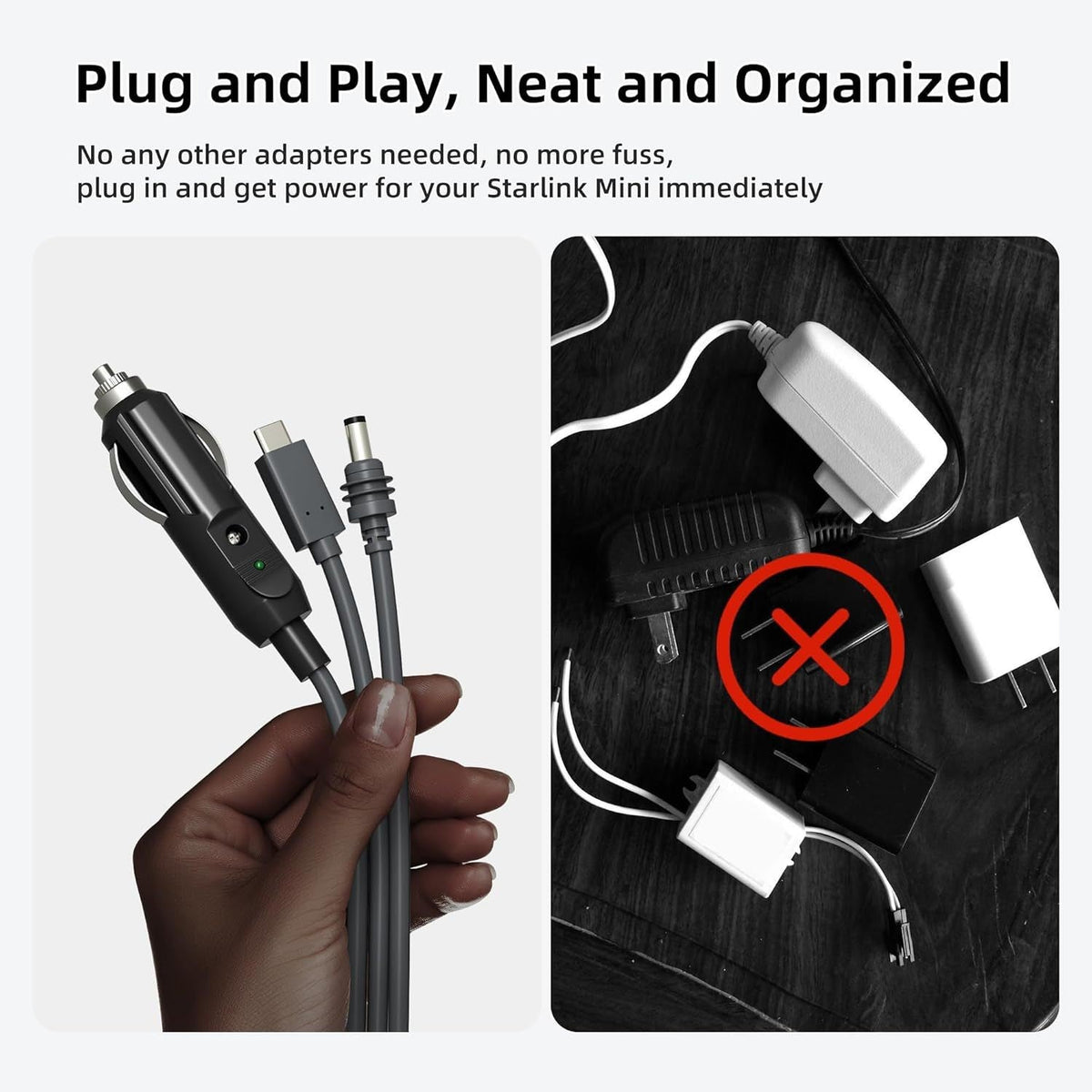 TESEVO Starlink Mini 3-in-1 car USB-C DC power cable side photo
