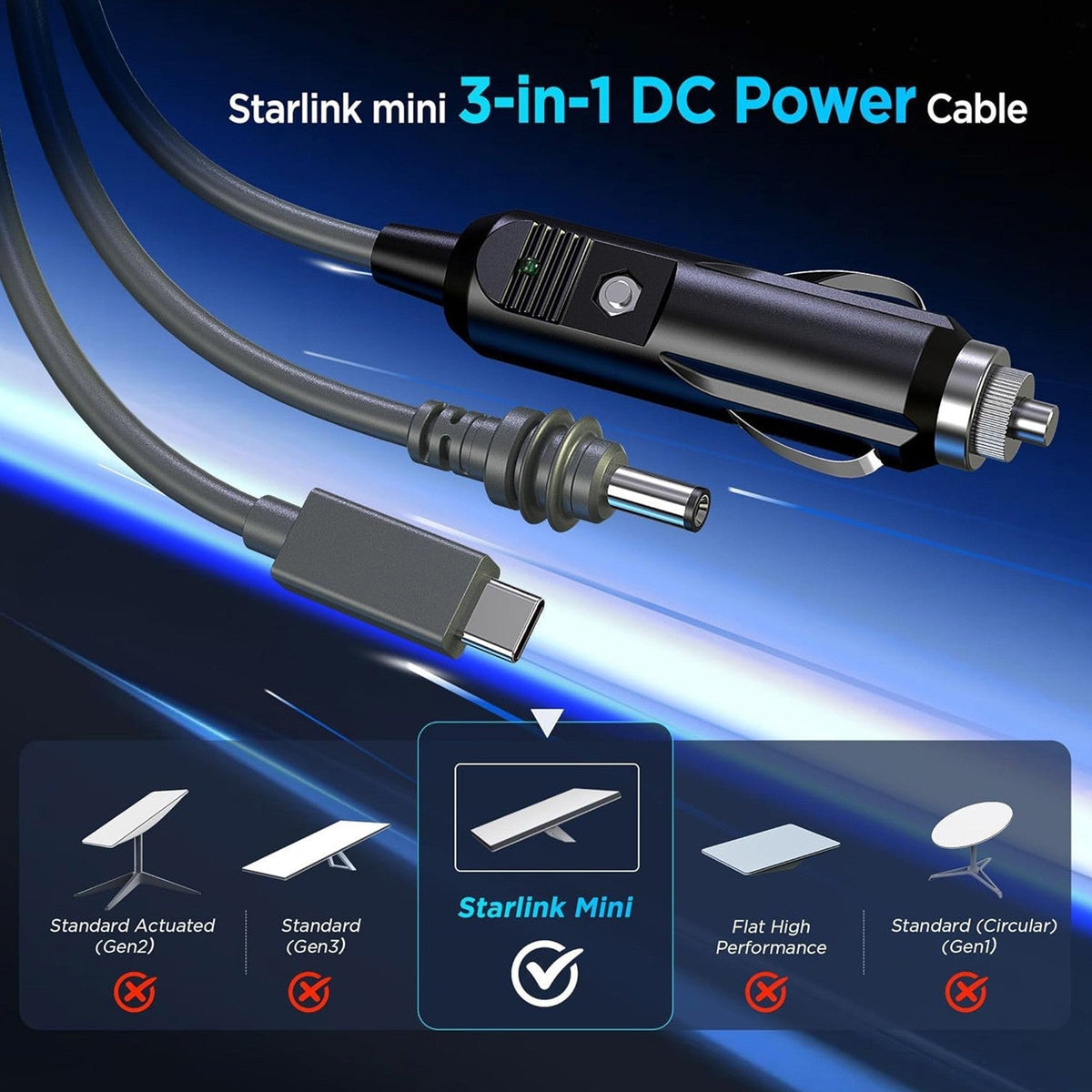 TESEVO Starlink Mini 3-in-1 car USB-C DC power cable product photo