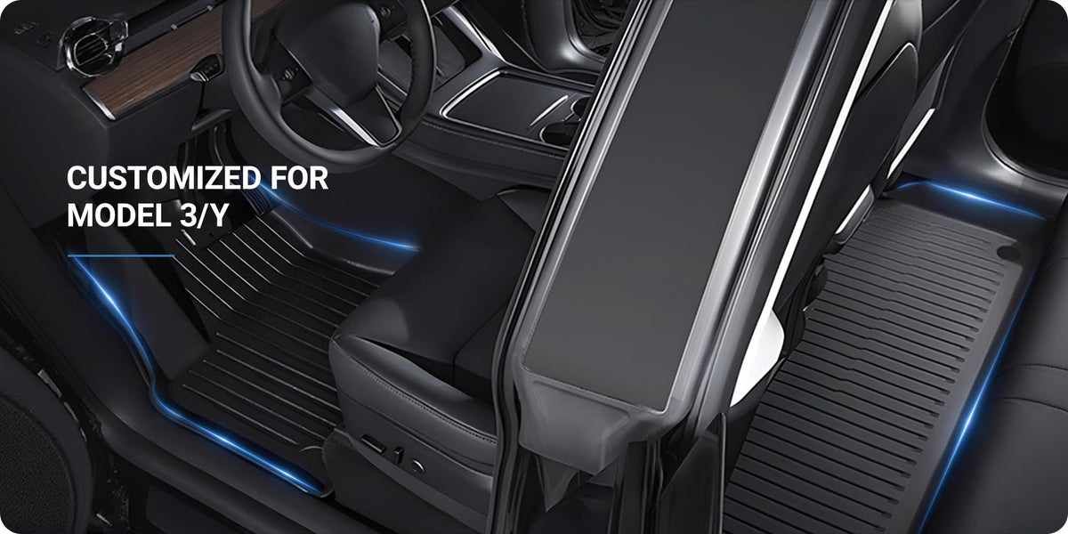Custom-contoured TPE floor mats fitted to a Tesla interior