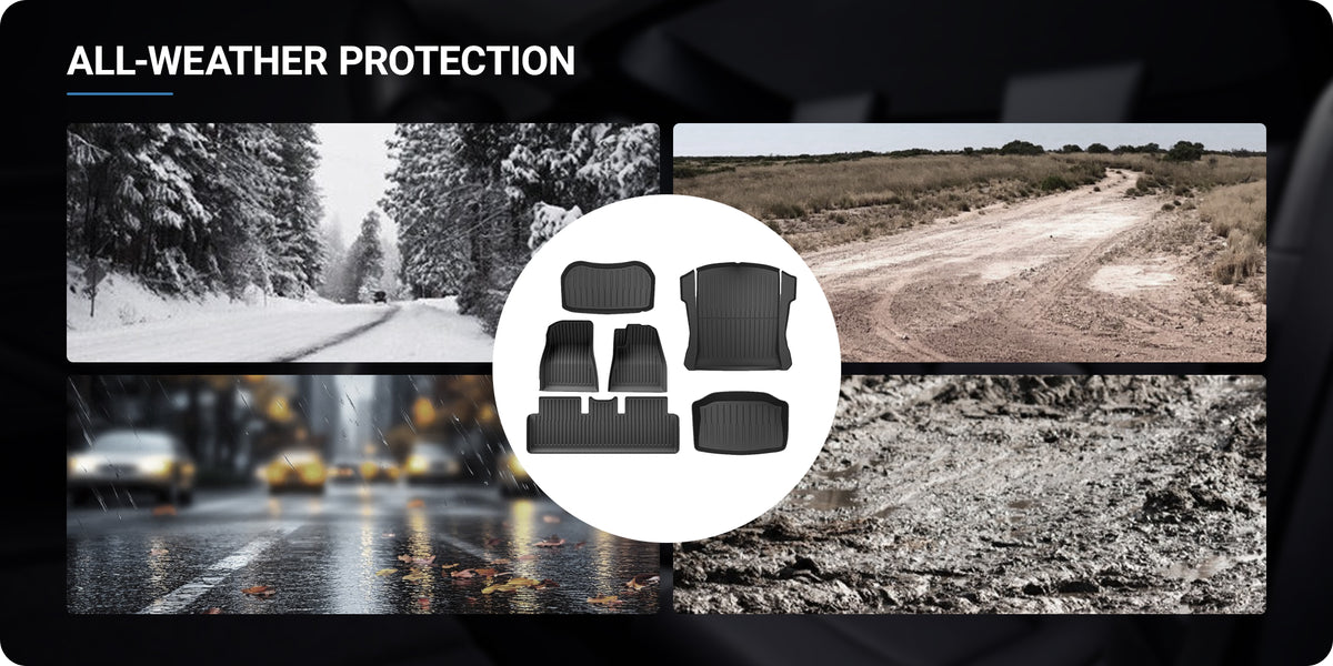 Raised-edge Tesla floor mat protecting against water, mud, dust, and sand