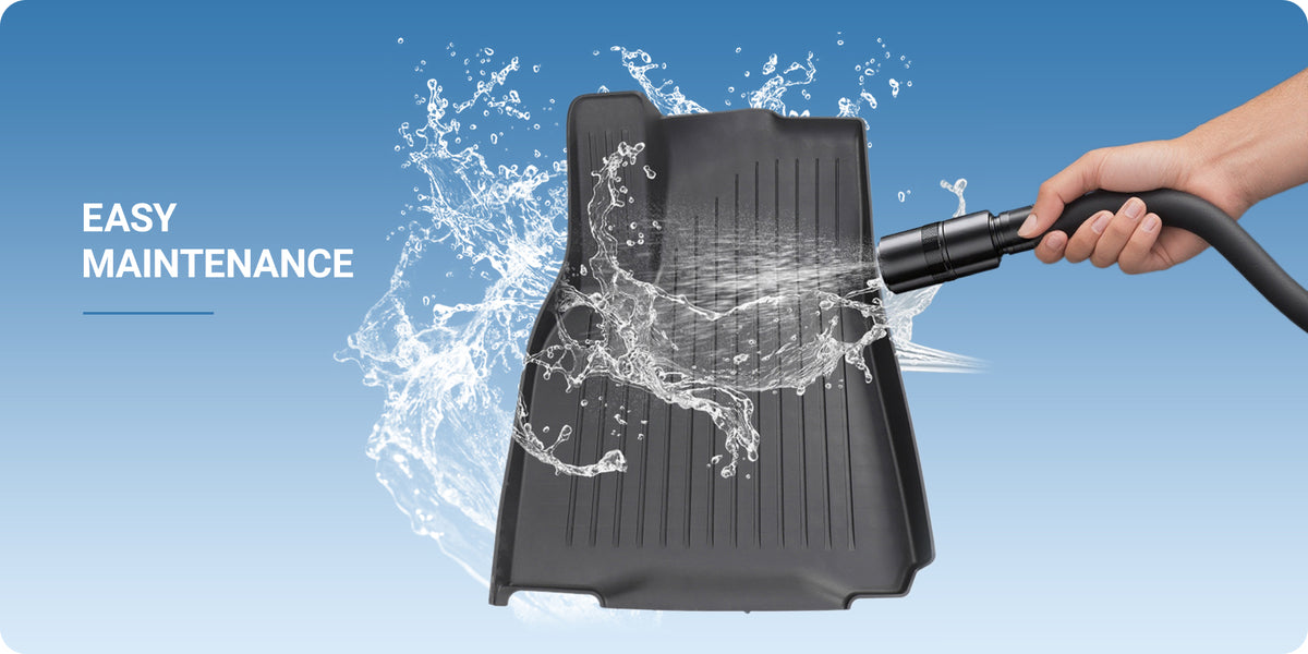 TPE floor mat being rinsed clean with water