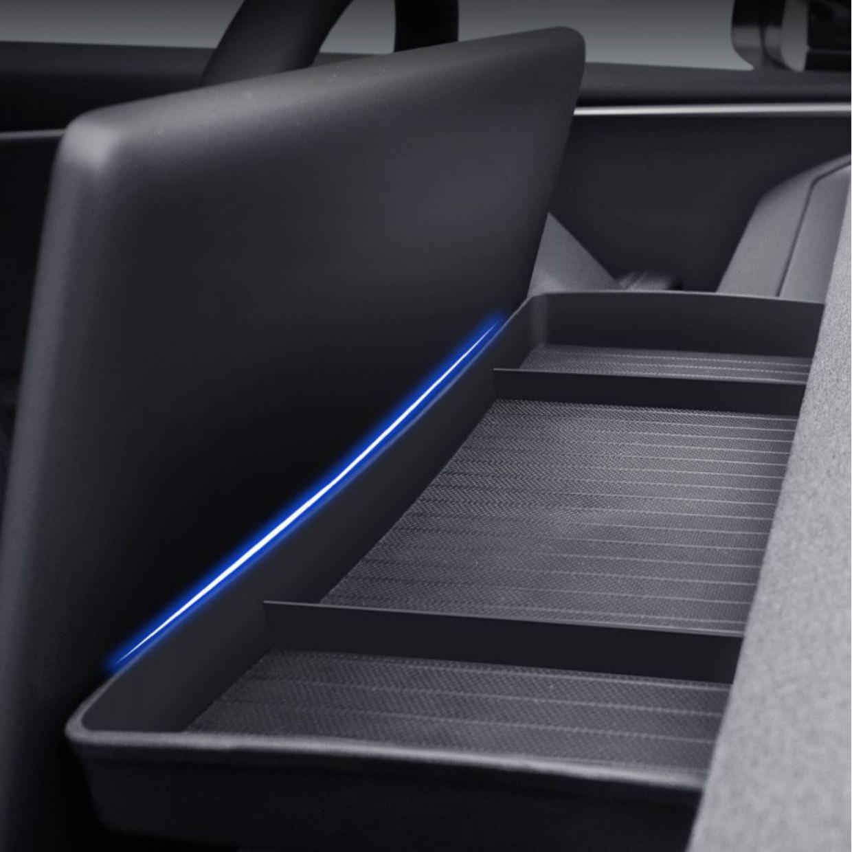 Tesevo behind screen storage box installed in Tesla interior