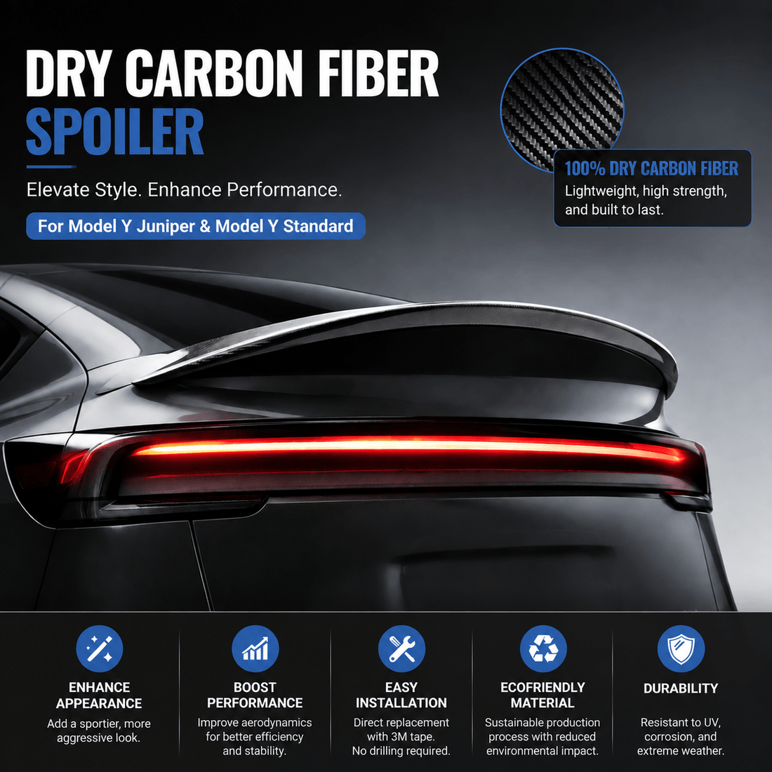 Dry Carbon Fiber Spoiler for Model Y Juniper / Model Y Standard - Tesevo