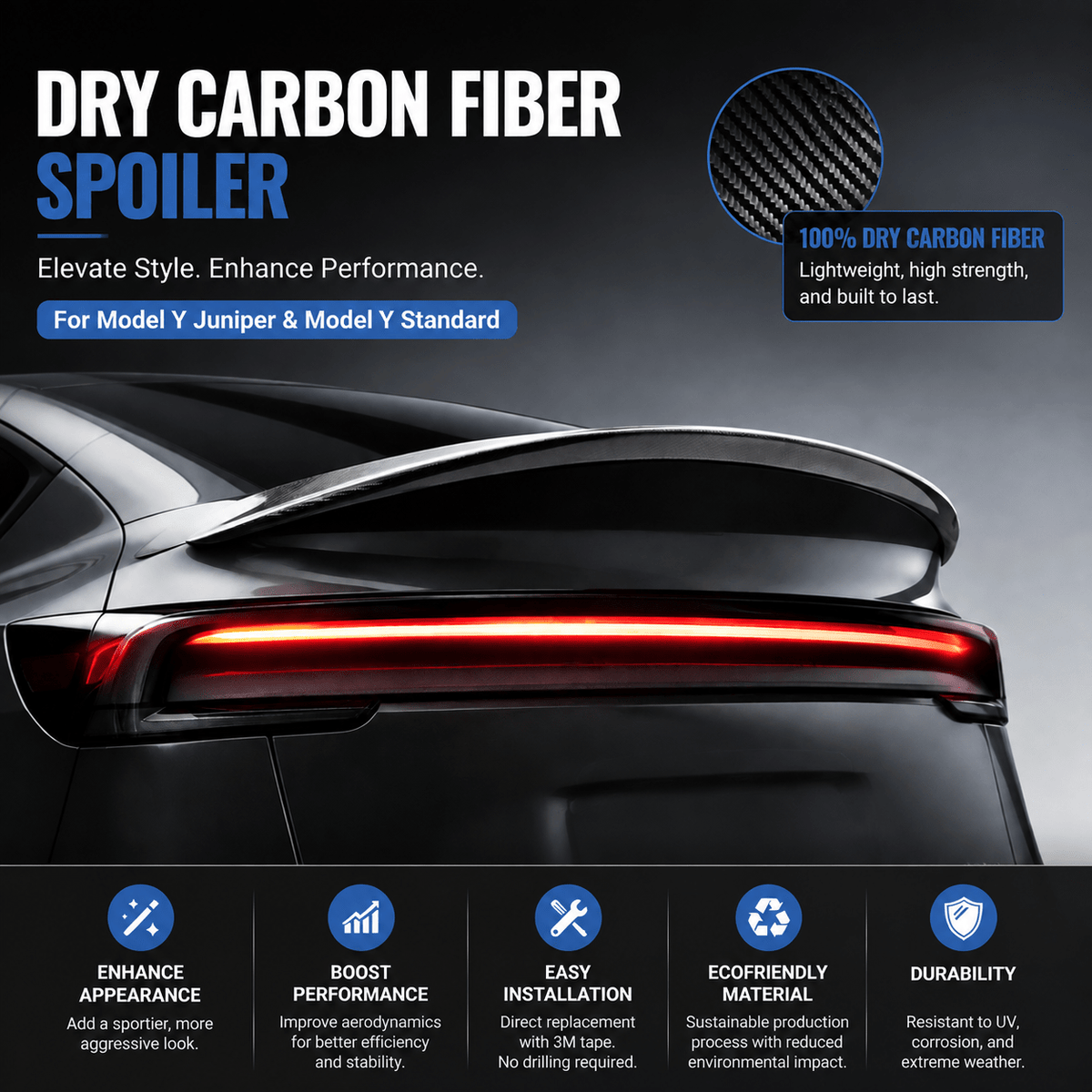 Dry Carbon Fiber Spoiler for Model Y Juniper / Model Y Standard - Tesevo