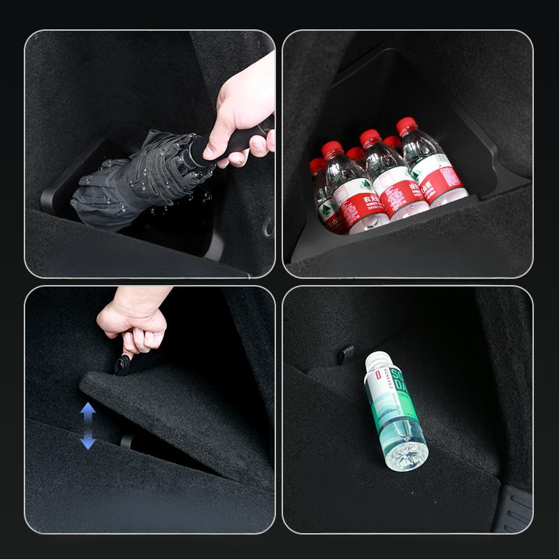 TESEVO Model Y Juniper 5-seater trunk side storage bins close-up detail