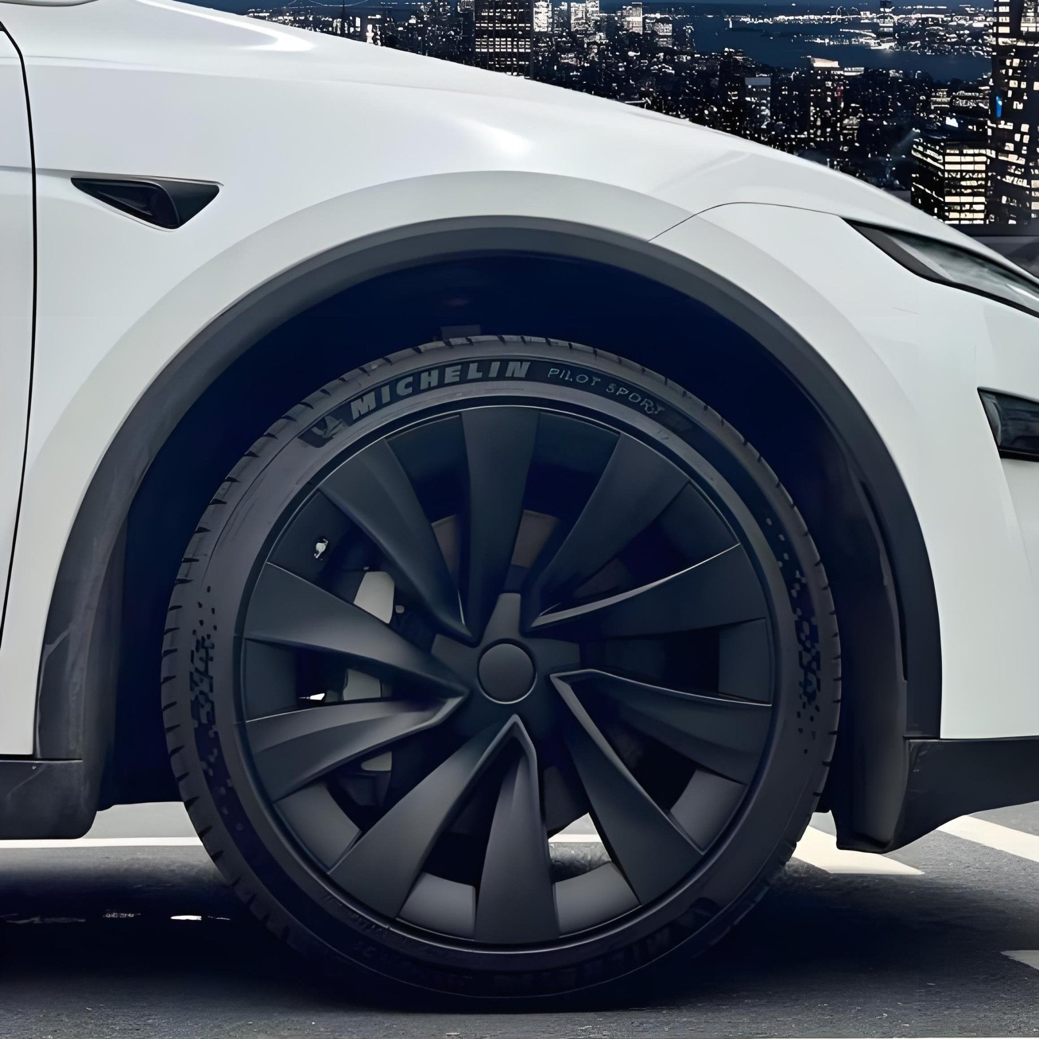 Tesevo Helix wheel cover detail for Tesla Model Y Juniper