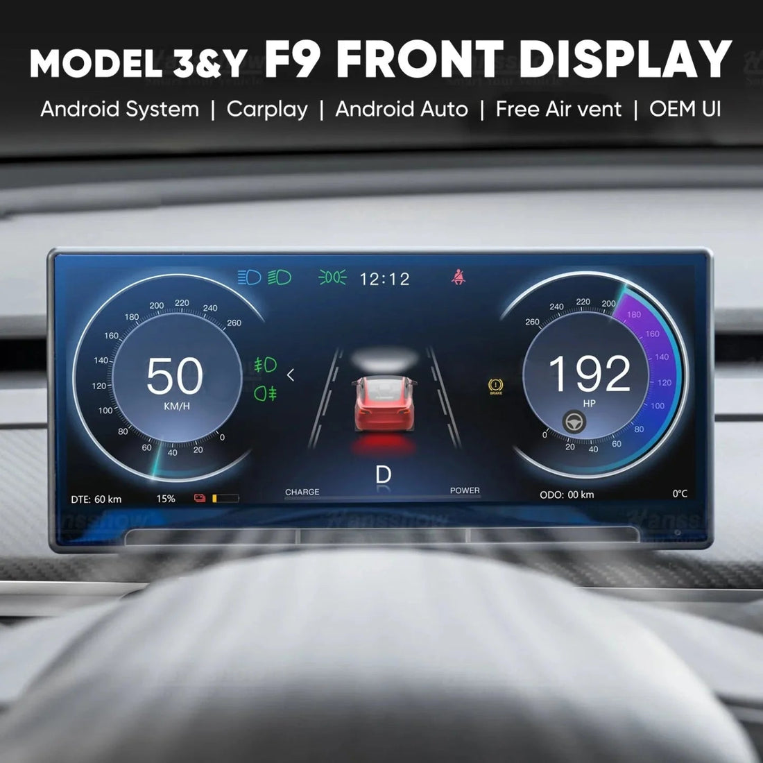 TESEVO 9 inch CarPlay dashboard display for Model 3/Y main view