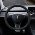 TESEVO Model 3 Y Alcantara anti-slip steering wheel cover installed view