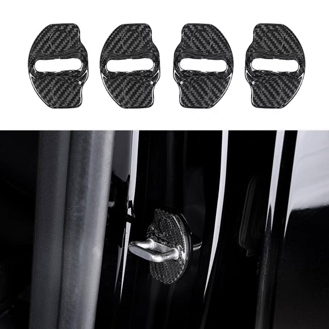 TESEVO Model 3/Y carbon door lock cover installed latch view