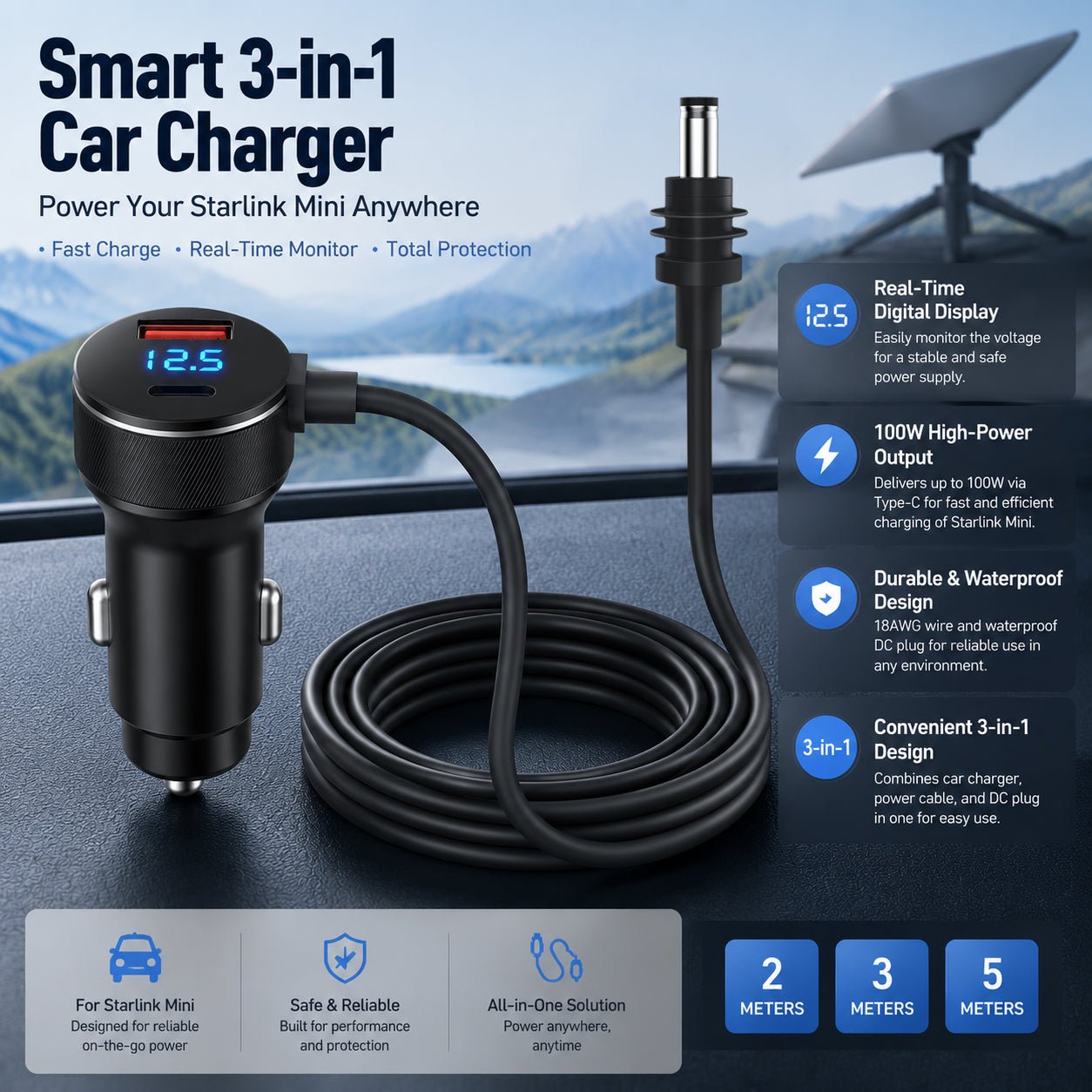 TESEVO Starlink Mini Car Charger with Digital Display | 100W Type-C Power Cord - Tesevo