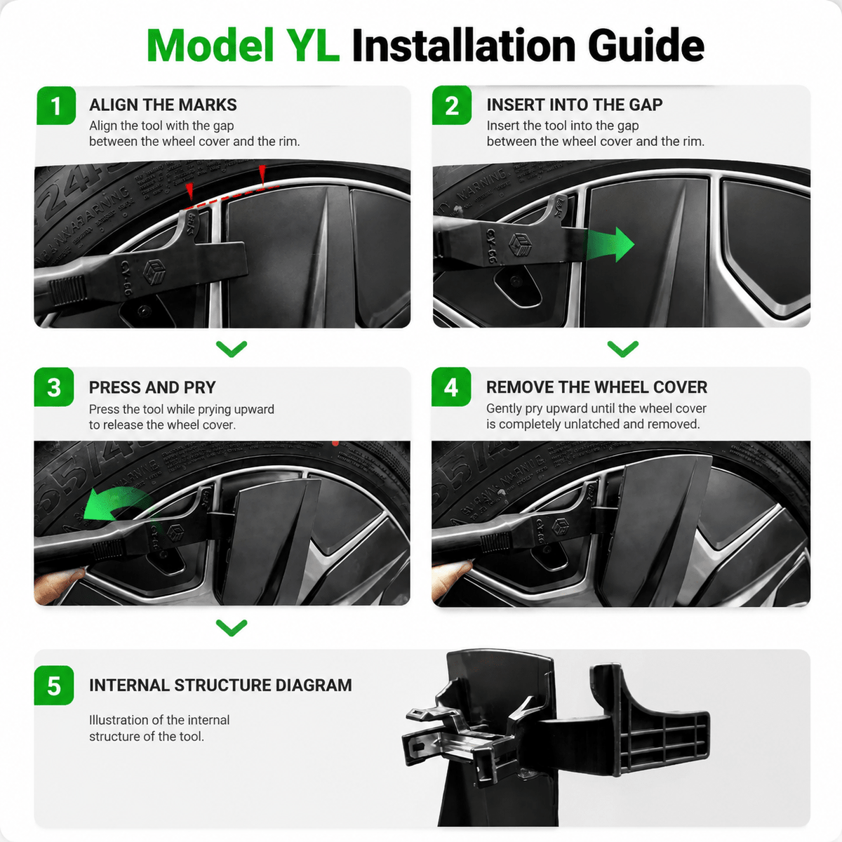 TESEVO Tesla hub cap removal pry bar tool Model 3 Y YL angled view